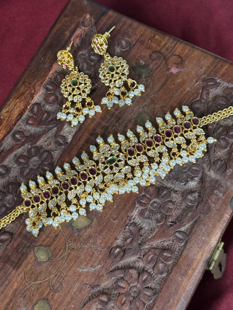 Temple with Diamond look Stone Choker Necklace Jewellery