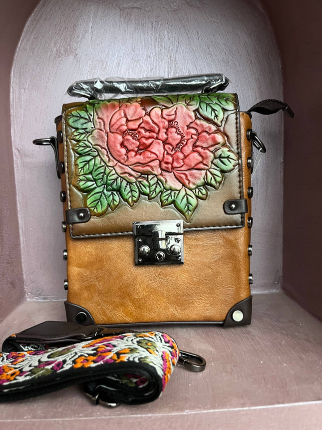 Vintage Floral Embossed Faux Leather Handbag