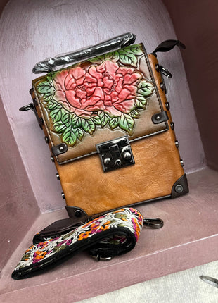 Vintage Floral Embossed Faux Leather Handbag