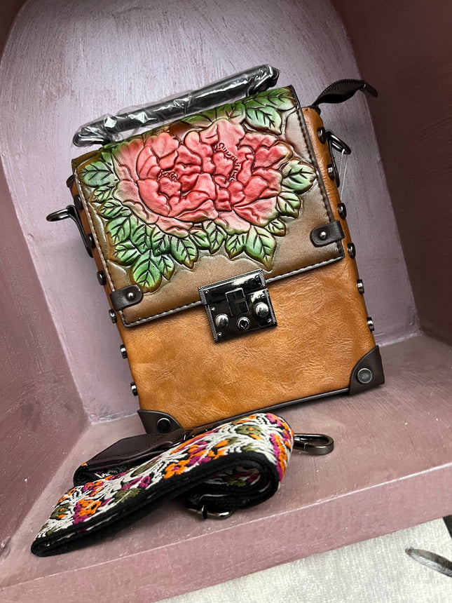 Vintage Floral Embossed Faux Leather Handbag