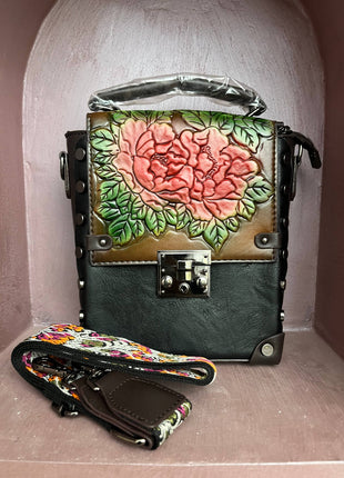 Vintage Floral Embossed Faux Leather Handbag