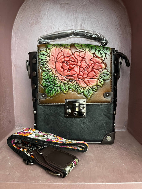 Vintage Floral Embossed Faux Leather Handbag