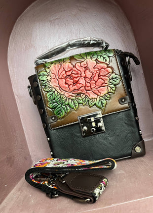 Vintage Floral Embossed Faux Leather Handbag