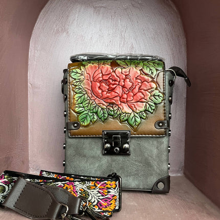 Vintage Floral Embossed Faux Leather Handbag