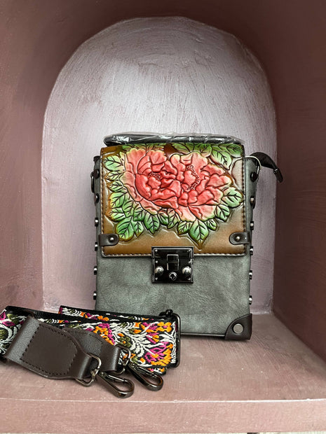 Vintage Floral Embossed Faux Leather Handbag