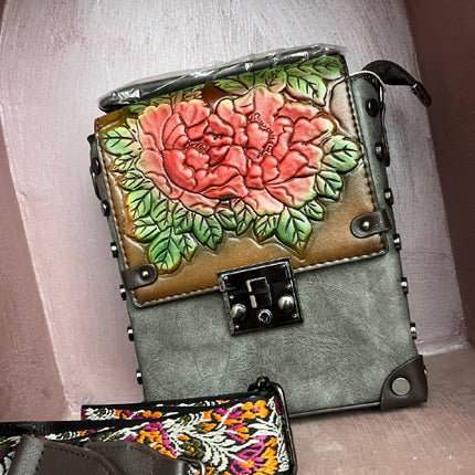 Vintage Floral Embossed Faux Leather Handbag