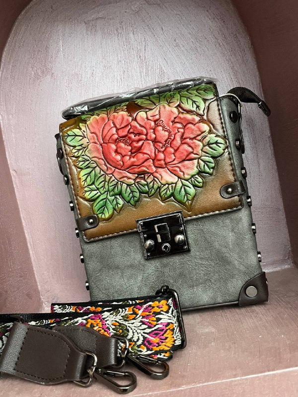 Vintage Floral Embossed Faux Leather Handbag