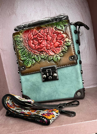 Vintage Floral Embossed Faux Leather Handbag