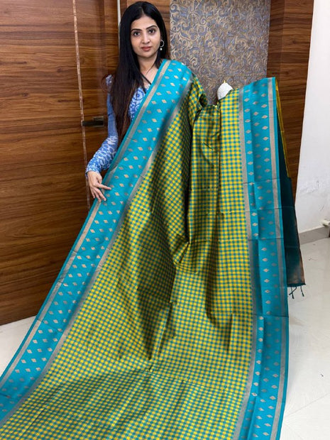 Semi Kancipuram With Palum Pazham Checks Pattern