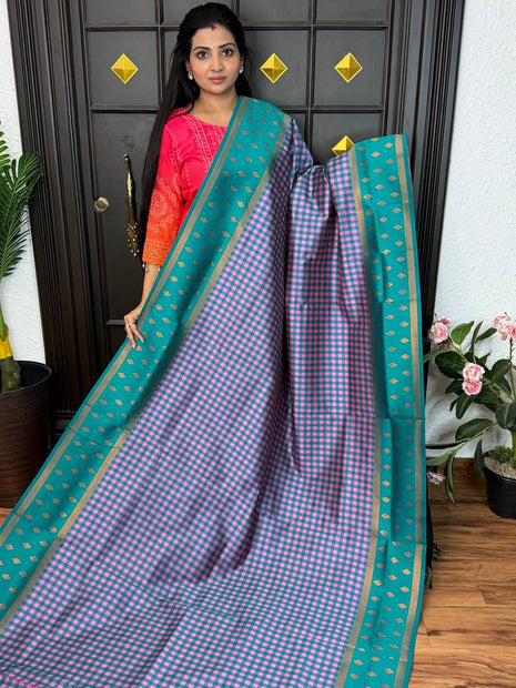 Semi Kancipuram With Palum Pazham Checks Pattern