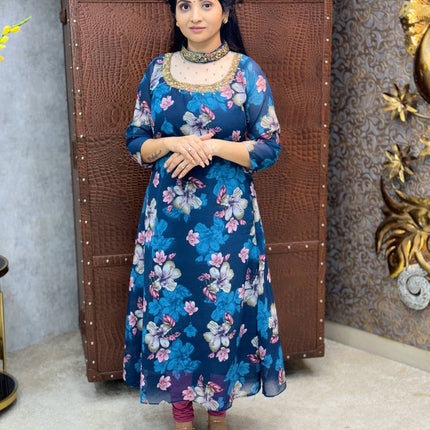 Georgette Floral Printed Jewel Neck Kurtis