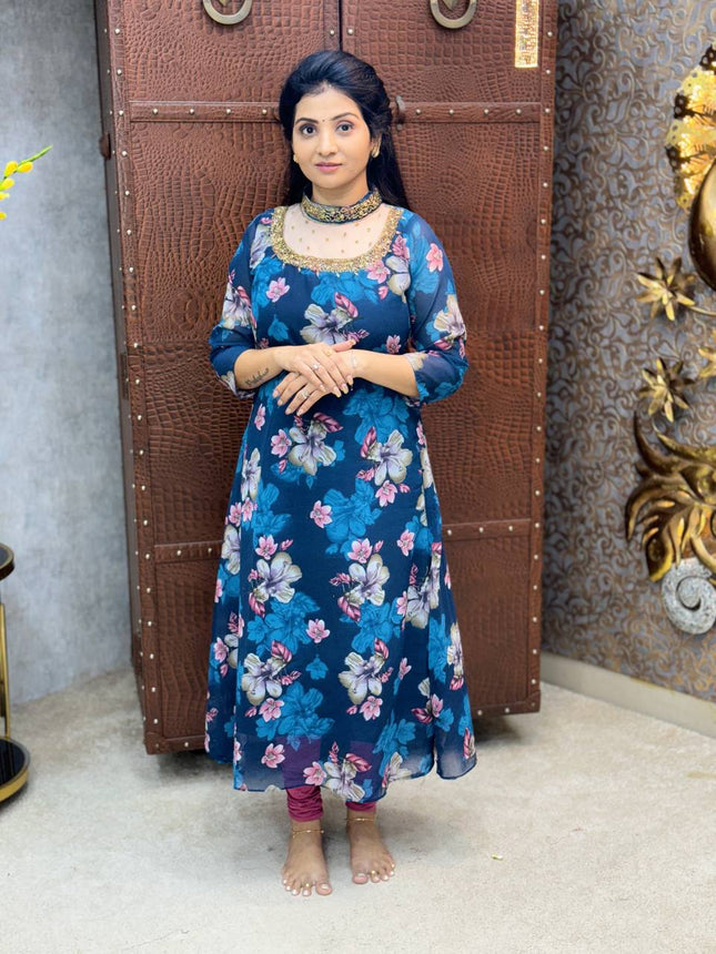 Georgette Floral Printed Jewel Neck Kurtis