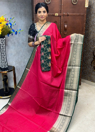 Chiniya Silk with 2 Blouses Contrast Blouse with Banarasi Blouse