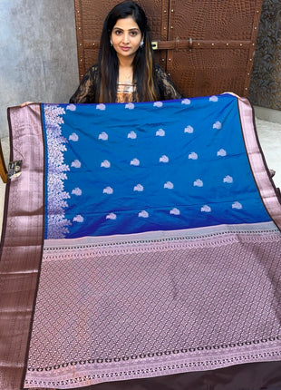 Premium Kanchi Silver Zari Coffee Brown Border