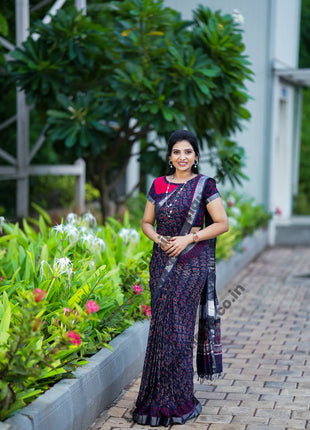 A woman wearing a dark purple and black patterned saree with a red blouse stands on a paved walkway in a garden setting with green plants and flowers.