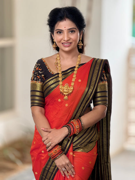 Vaira Oosi Golden Zari With Coffee Brown Border