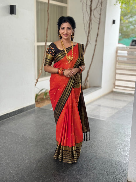 Vaira Oosi Golden Zari With Coffee Brown Border