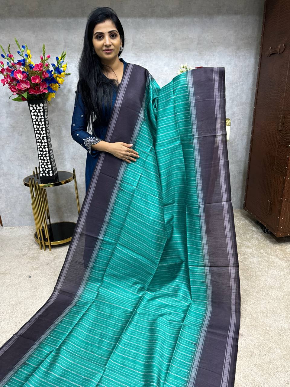 Semi Tussar silk saree with Big border 6 inches Copper Zari-21ETTSS01P –  www.soosi.co.in