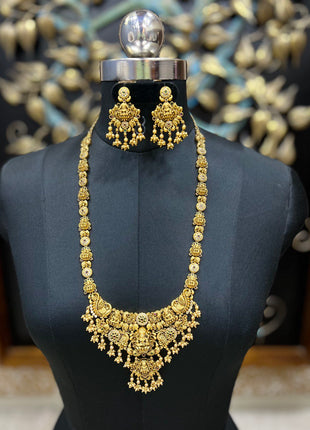 Antique Lakshmi Devi & Peacock With Beads Long Haram Set