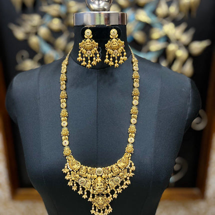 Antique Lakshmi Devi & Peacock With Beads Long Haram Set