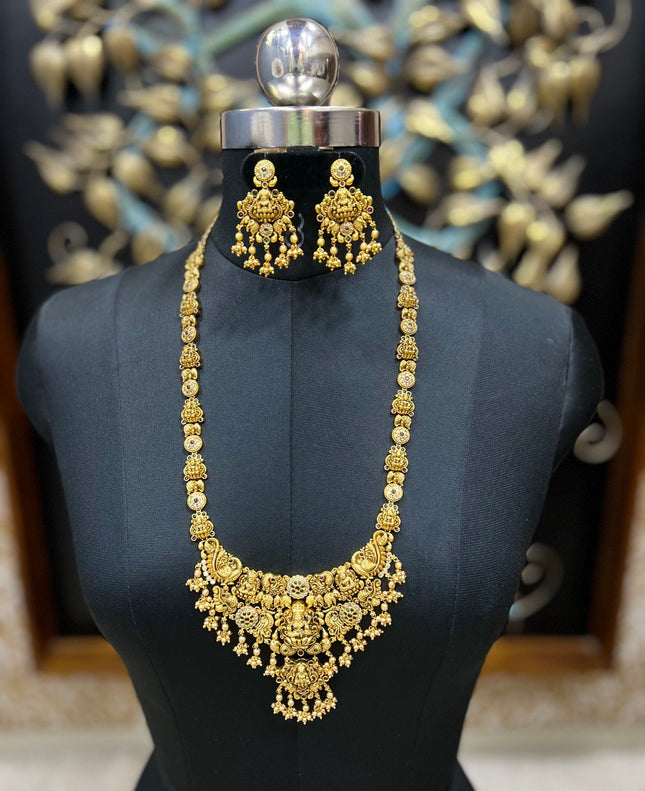 Antique Lakshmi Devi & Peacock With Beads Long Haram Set