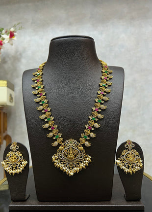 Antique Goddess Lakshmi Design Haram With Pearls