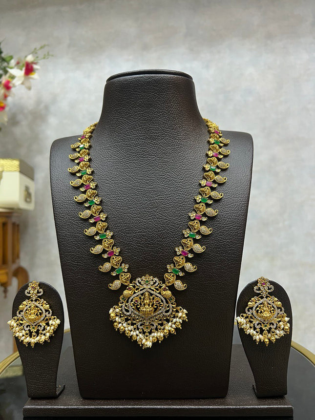 Antique Goddess Lakshmi Design Haram With Pearls