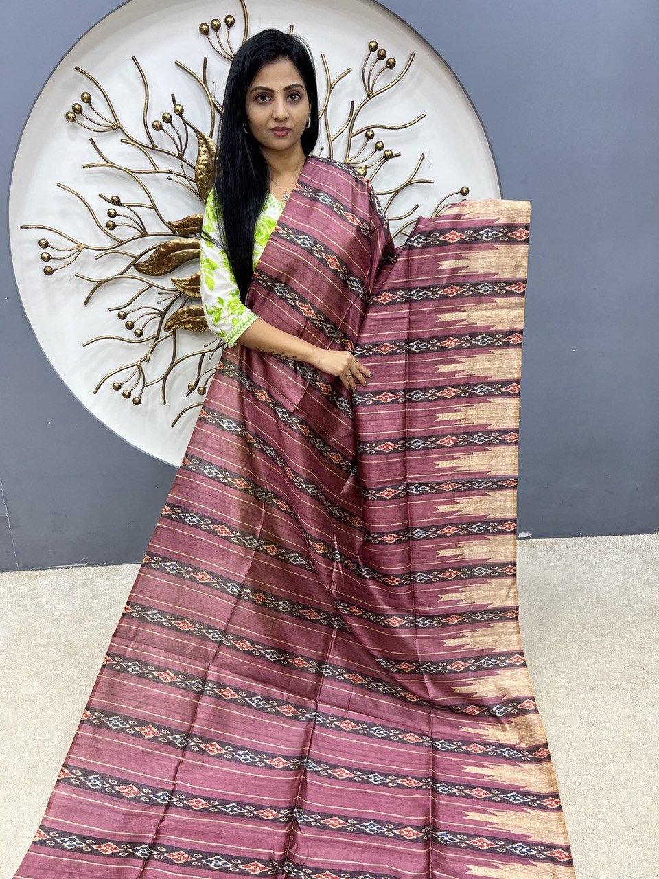 Bluish Green Tussar Saree With Printed Pattern - Sri Arya Silks