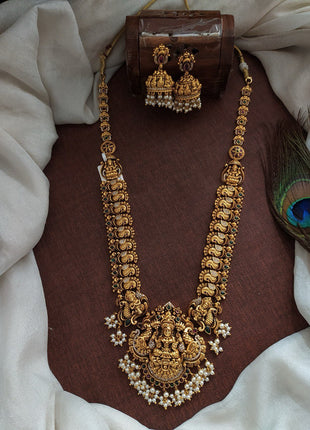 Antique Centre Lakshmi With Peacock Long Haram Set