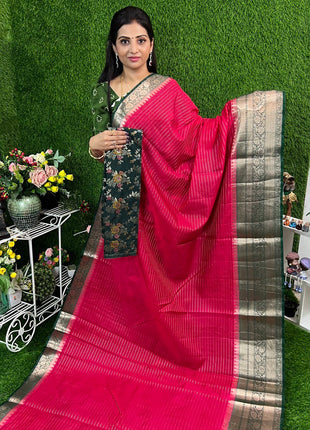 Chiniya Silk with 2 Blouses Contrast Blouse with Banarasi Blouse