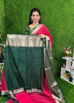 Chiniya Silk with 2 Blouses Contrast Blouse with Banarasi Blouse
